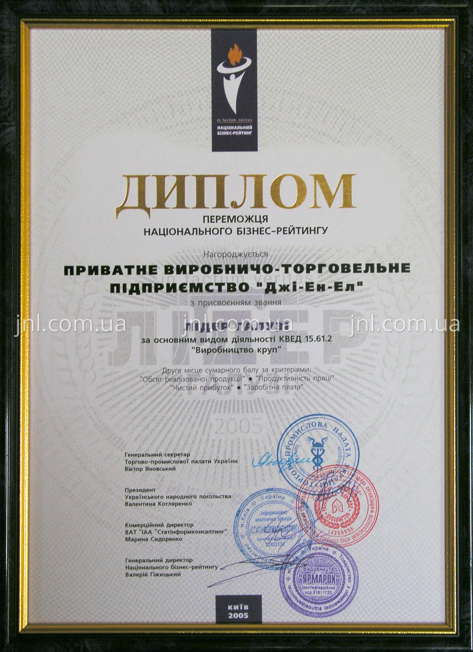 Победитель национального бизнес-рейтинга «Лидер отрасли-2005»